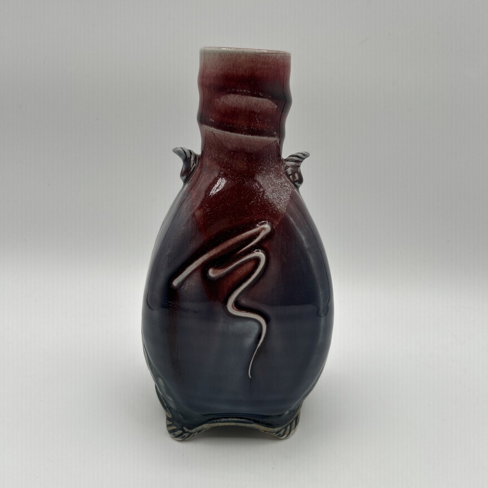 James Sankowski Ballston Lake Pottery Vase OS Red Blue Glazed Footed Signed - Picture 2 of 10